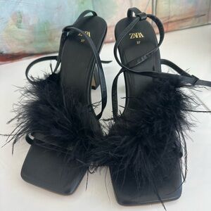 Zara Elegant Black Feathered Heels